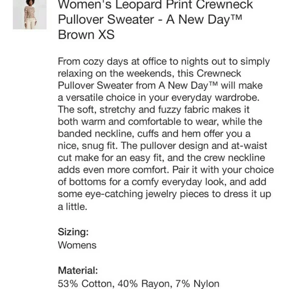 A New Day leopard print stretch crewneck sweater Women's size XS - Picture 4 of 4